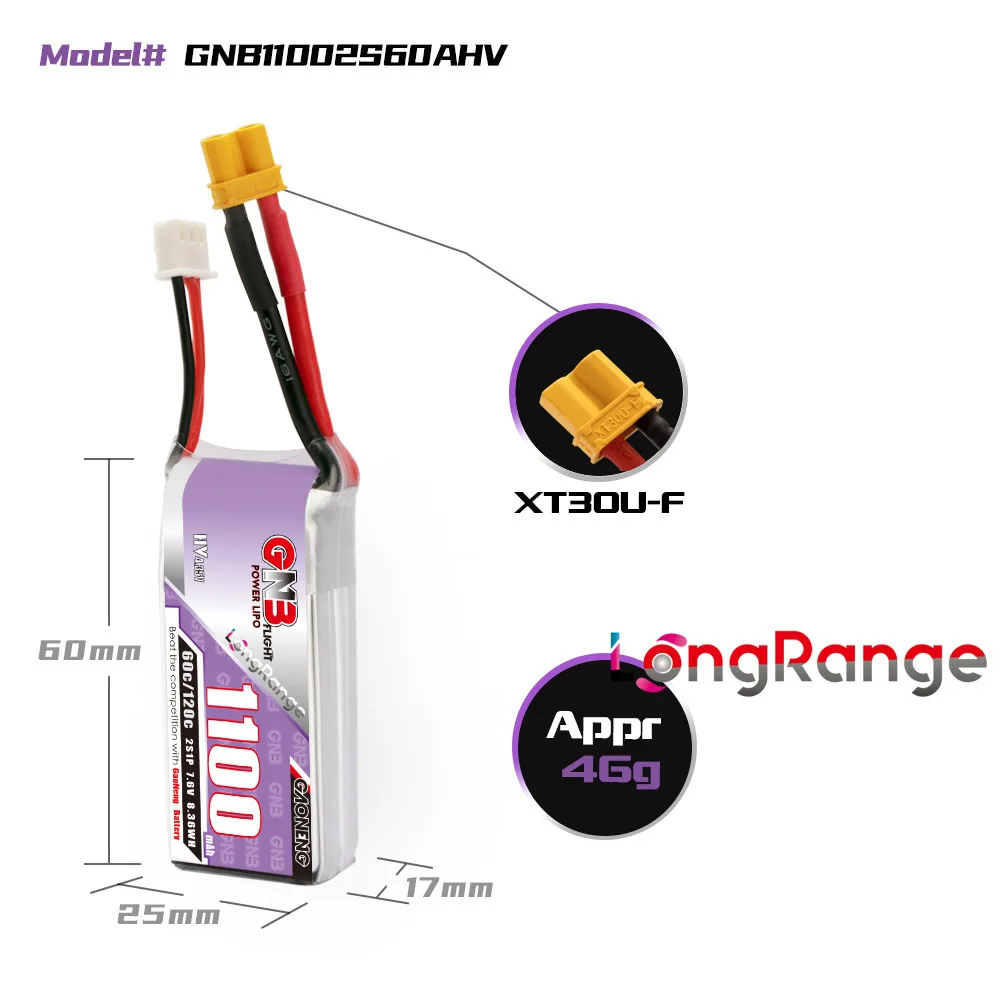 GNB Lipo Battery 2S 7.6V 1100mAh 60C/120C With XT30 Plug for Racing Drone FPV Quadcopter Helicopter Airplane Parts Hobby