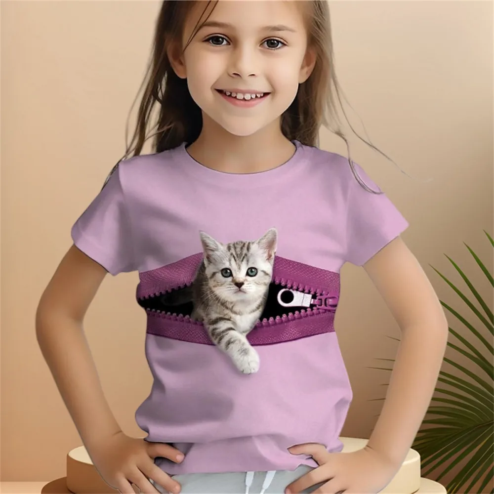 2024 Girl Clothes Short Sleeve Children's Clothing 2 to 8 Years One Piece Cat Graphic T Shirts Kawaii Tops Boys Summer Clothes 3