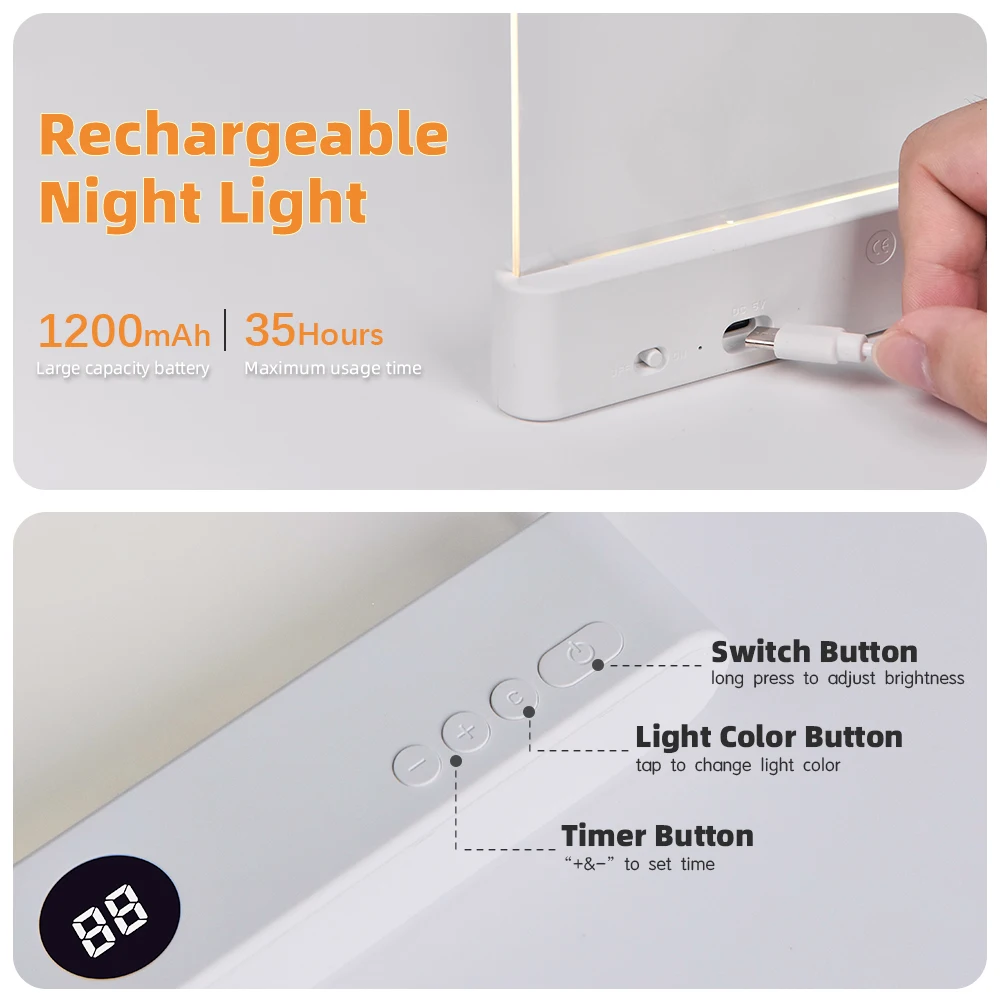 LED 독서등 충전식 투명 LED 플랫 북 라이트 눈 보호 3색 타이머 독서 램프 침대 침실 야간 조명