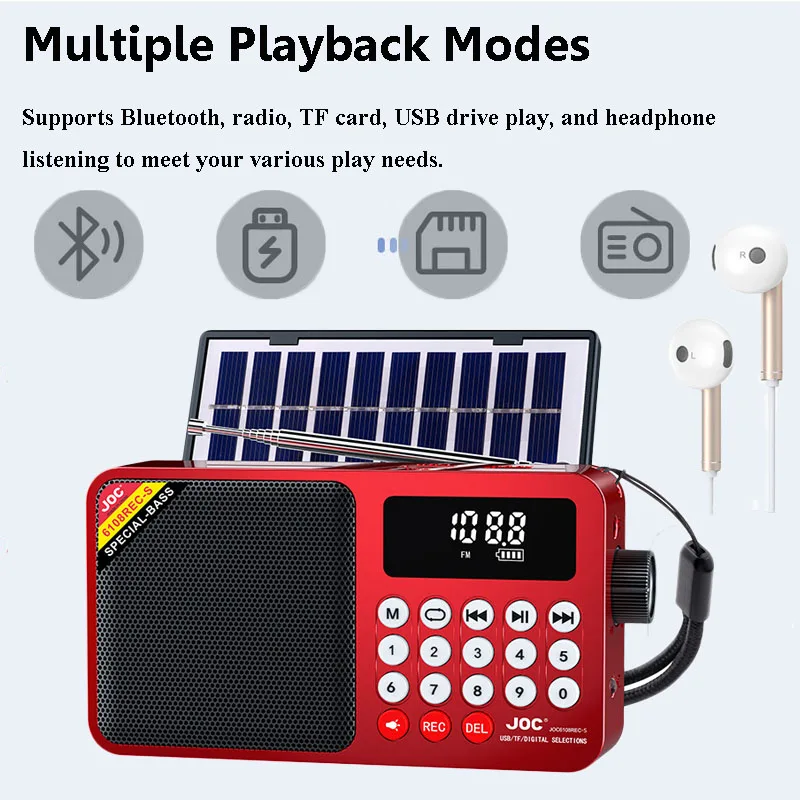 Mini Portable Emergency Radio LED Display Solar Panel Radios Receiver Wireless Bluetooth Speaker Recorder with TF Card USB Slot
