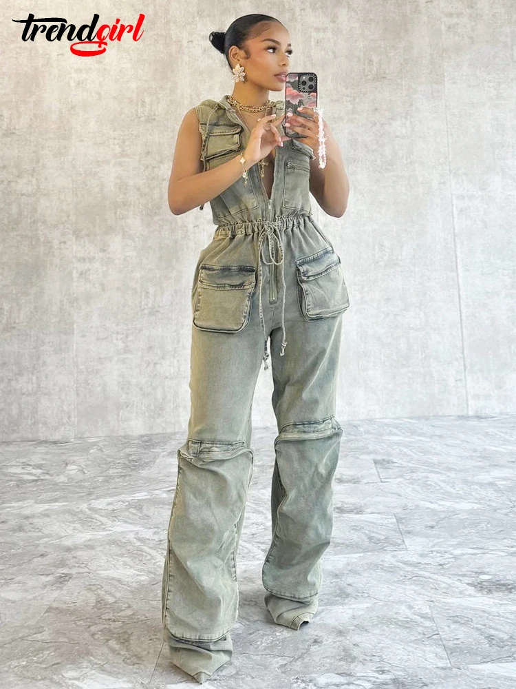 Trendgirl Vintage One Pieces Overalls Denim Stretch Women Zipper Pocket Jumpsuit Hoodies Drawstring Waist Streetwear Jean Romper
