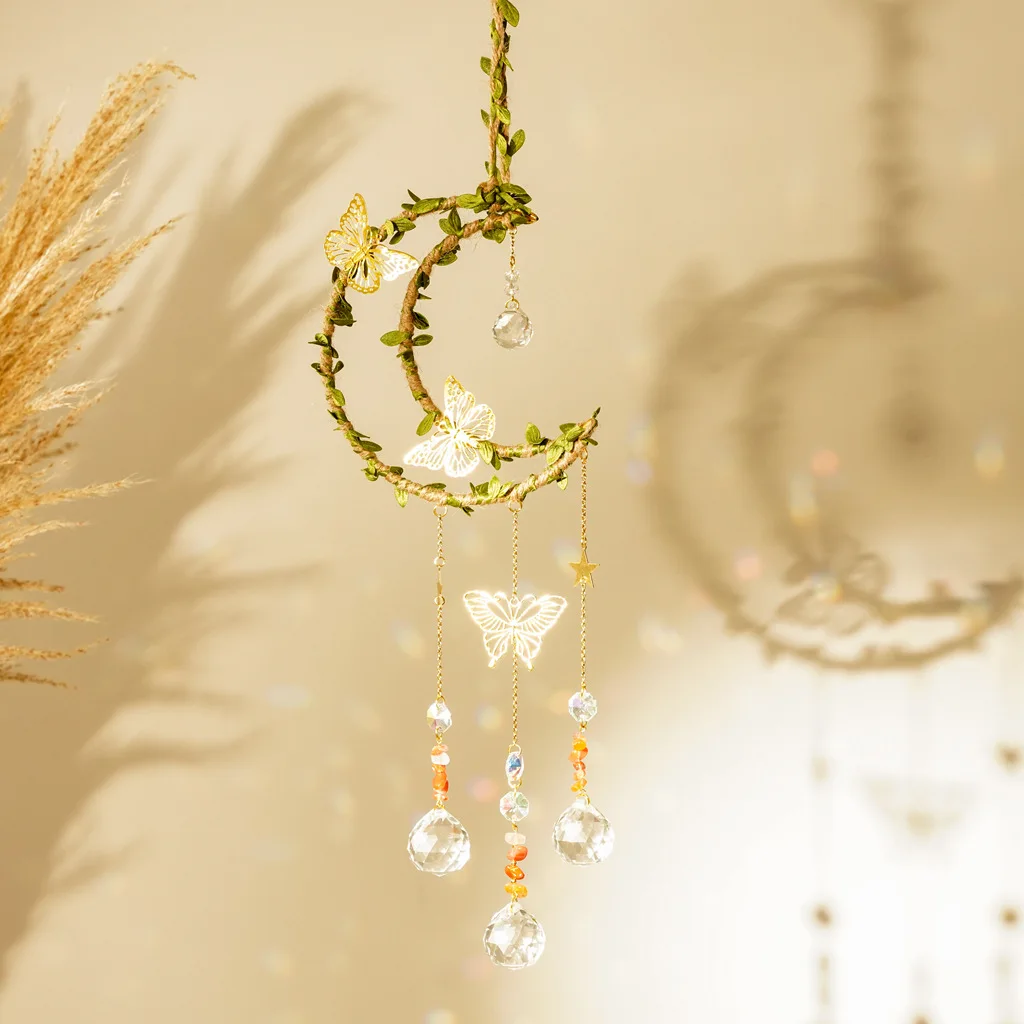 

Crystal Moon Catcher Pendants Suncatcher Hanging Wind Chimes Rainbow Prism Window Drop Bell Christmas Tree Home Decor