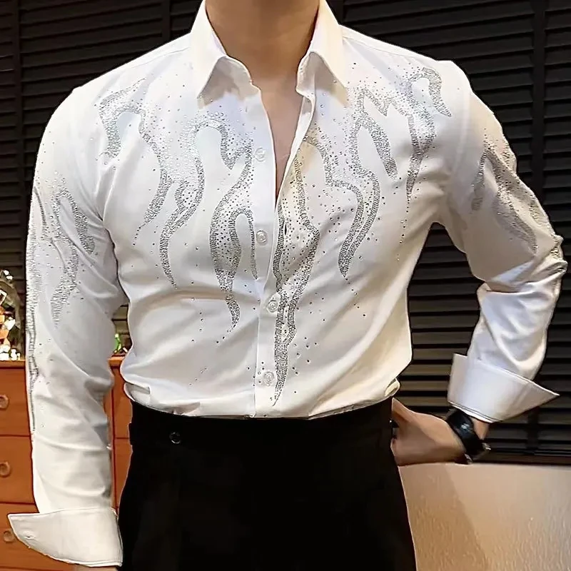 

2024 Fall High Quality Luxury Rhinestones Shirt For Men Trend Fashion Versatile Hot Diamond Retro Shirt