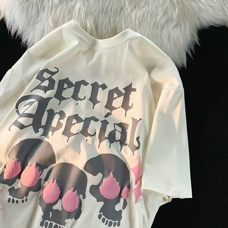 Summer New Creative Pink Skull Print Short Sleeve T shirt Oversize