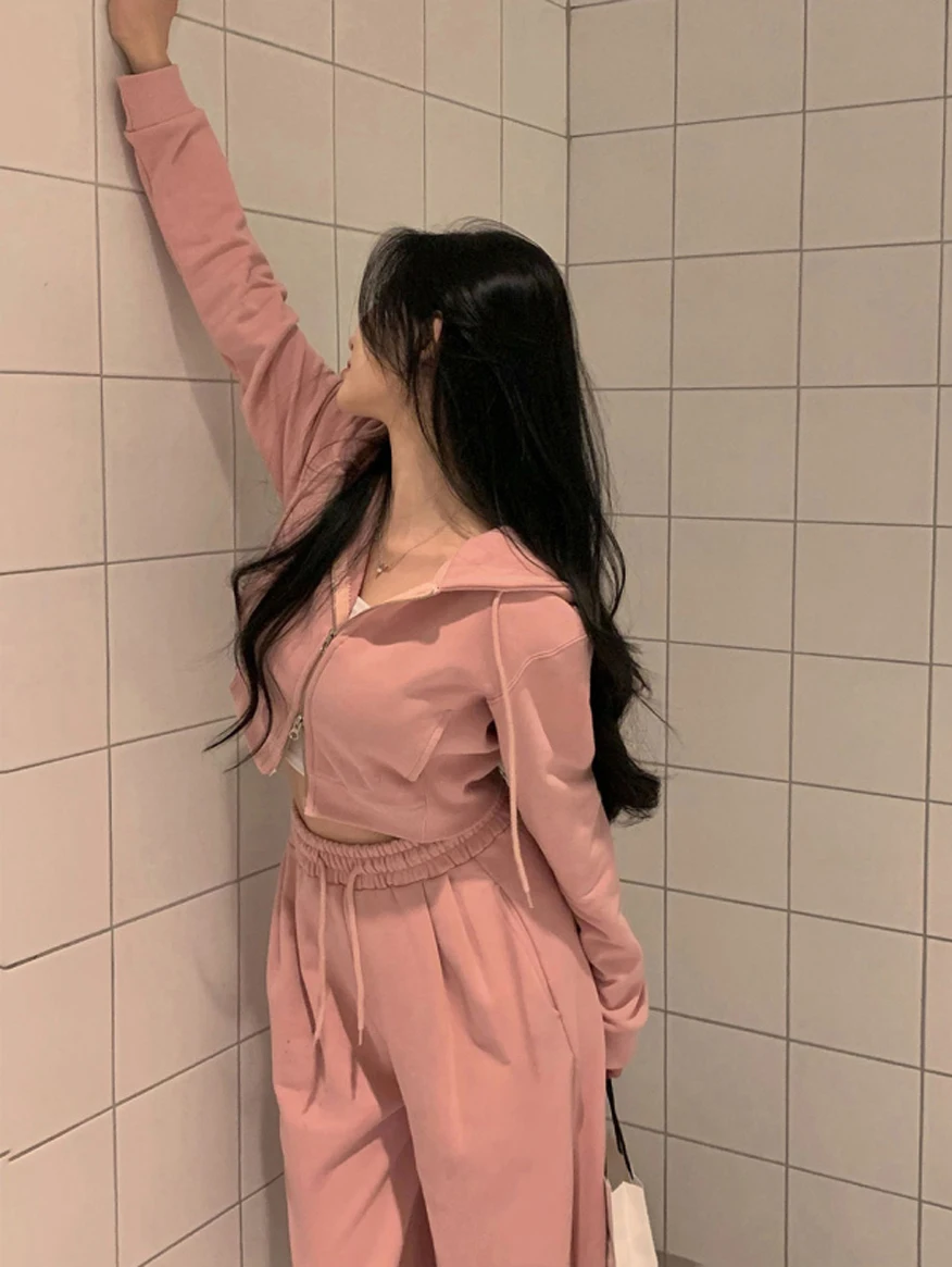 Korean Fashion Streetwear 2-piece Pants Set Women Tracksuit Autumn New Hooded Zip-up Crop Top Long Pants Casual Solid Outfits