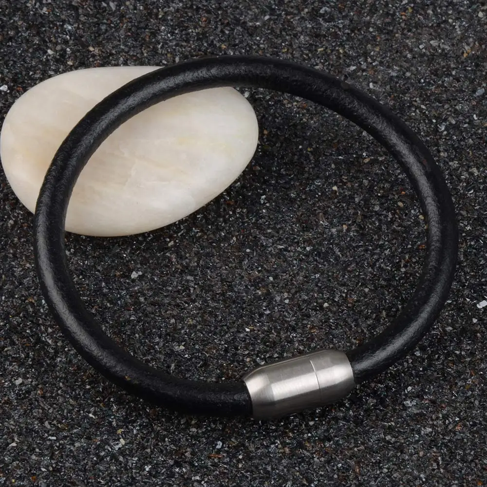 Smooth Genuine Leather Bracelet Stainless Steel Magnetic Clasp Handmade Men Black Bracelets Bangles For Men
