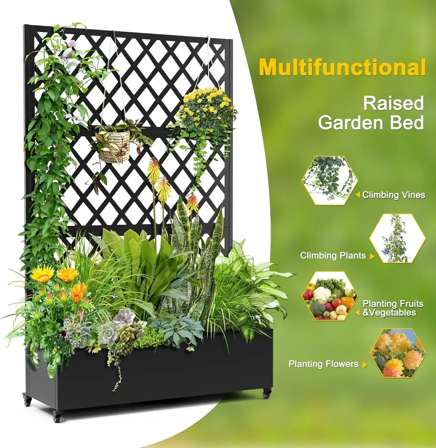 Metal Planter Box with Diamond Lattice Trellis Planter Box for Climbing Plants/Vines, Garden Bed with Trellis(73"x47" Black) 4