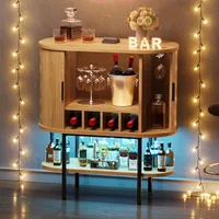 Bar Cabinet with LED Lights, Oval-Shaped Wine Bar Table with 2 Glass Holders, 4 Wine Racks, Open Shelf, Fluted Coffee Bar Liquo 6
