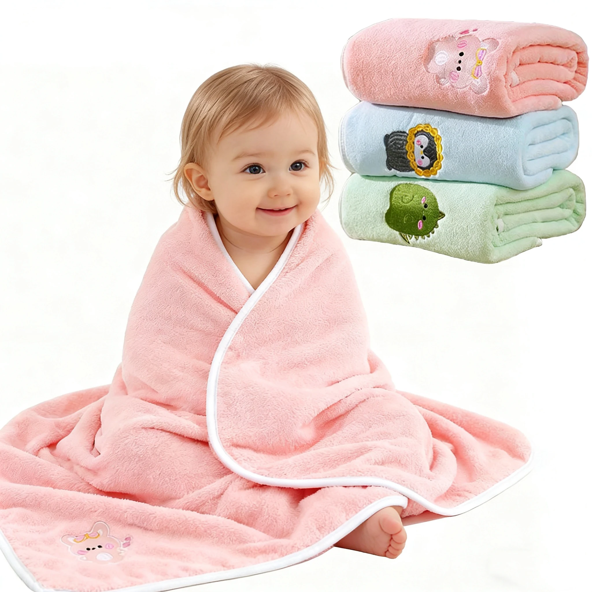 Baby Bath Towel Infant Swaddle Blanket Wrap Kids Cute Animal Embroidered Fleece Blanket Children's Soft Bathrobe Kids Blanket - 2