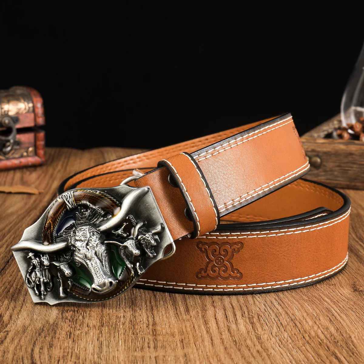 Black Head Big bull head 3.7cm wide men's and women's Western bull head denim style bull scalprendy belt smooth buckle