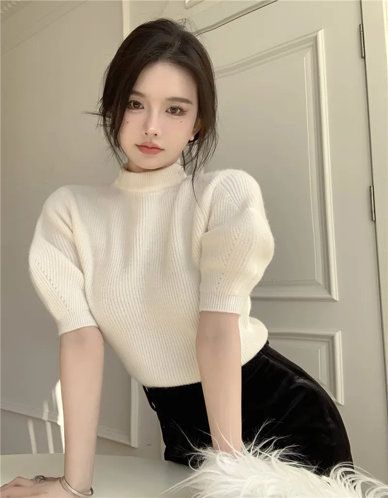 

Temperament Pullovers Tops Half High Collar Puff Sleeve Tunic Jumper Sueter Mujer Tunic Knitted Sweater 2023 Women's Clothes