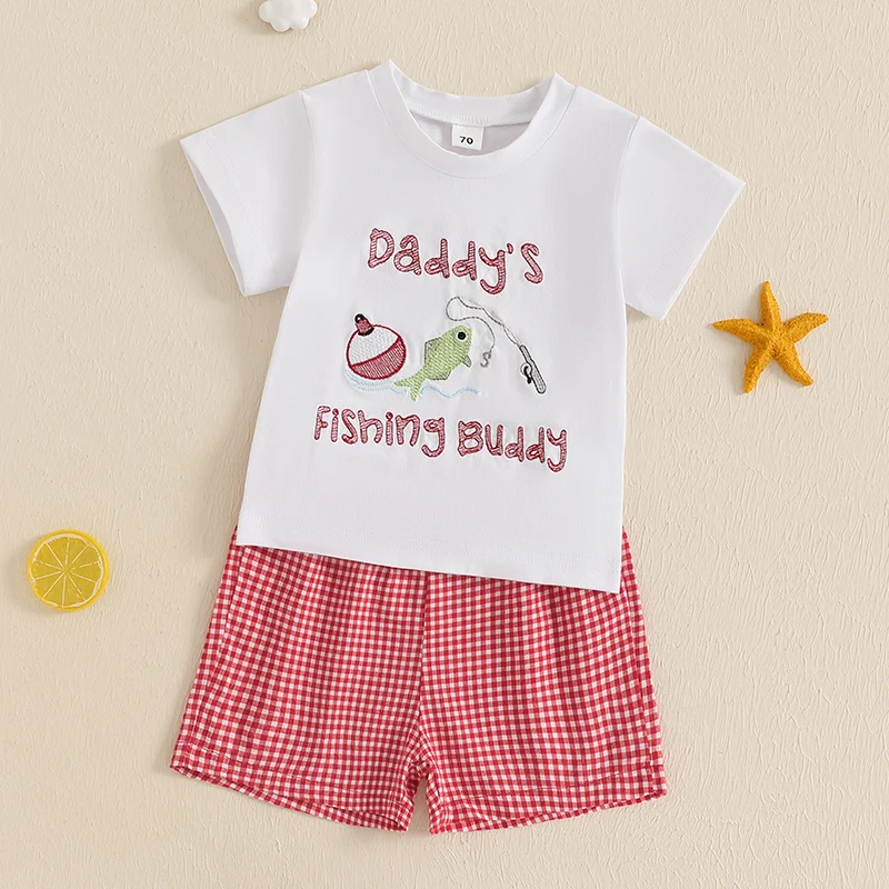 FOCUSNORM 0-4Y Summer Kids Boys Casual Clothes Sets Letter Embroidery Crew Neck Short Sleeve T-Shirt with Plaid Shorts