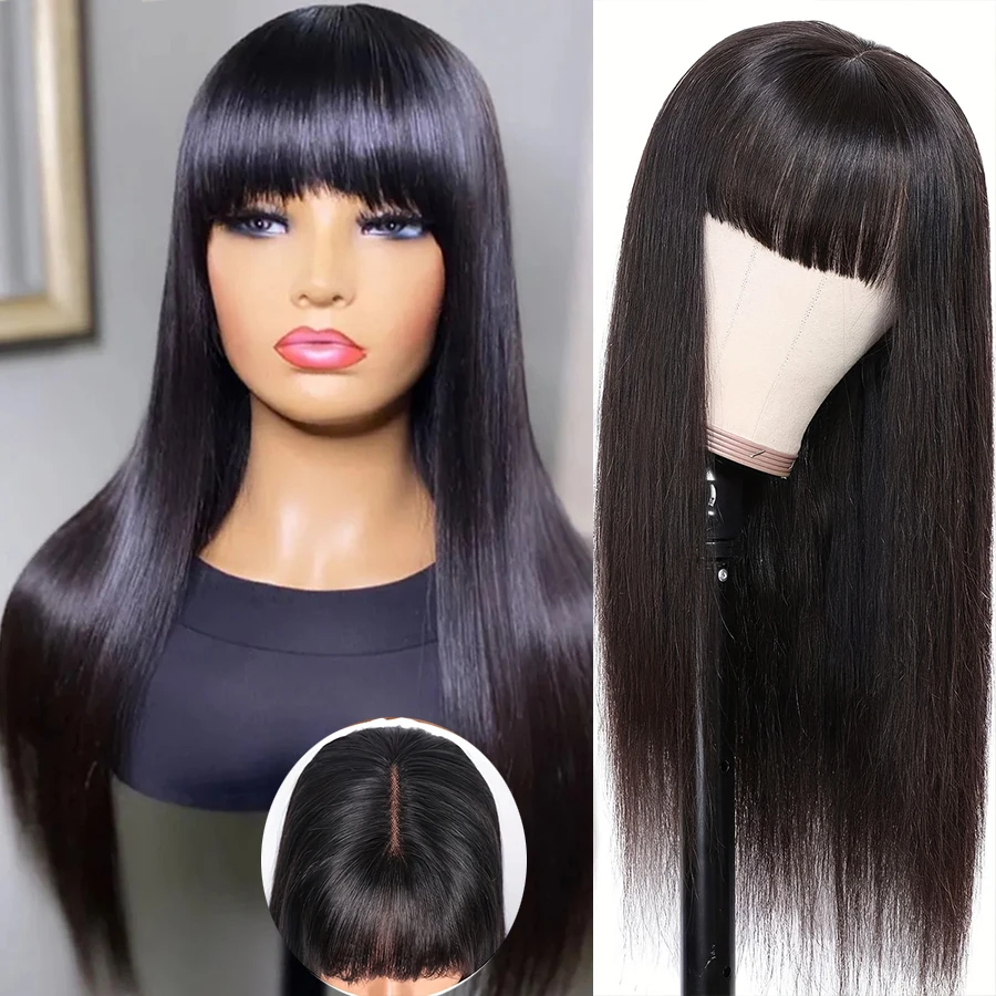 

30 Inch Bone Straight Wig With Bangs Brazilian Remy Hair 3x1 HD Lace Closure Human Hair Wig Bob Full Machine Made Fringe Wigs