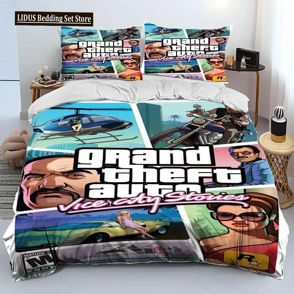 Grand Theft Auto GTA Gamer Comforter Bedding Set,Fashion Polyester Duvet Cover Bed Set Pillowcase, King Queen Size Quilt Cover 3