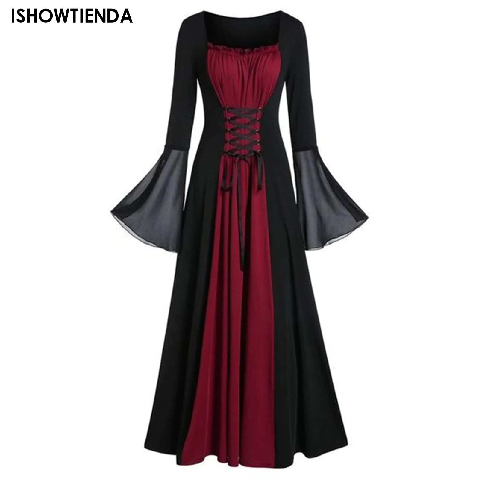 Medieval-Costume-For-Womens-Trumpet-Sleeve-Irish-Shirt-Dress-Black ...