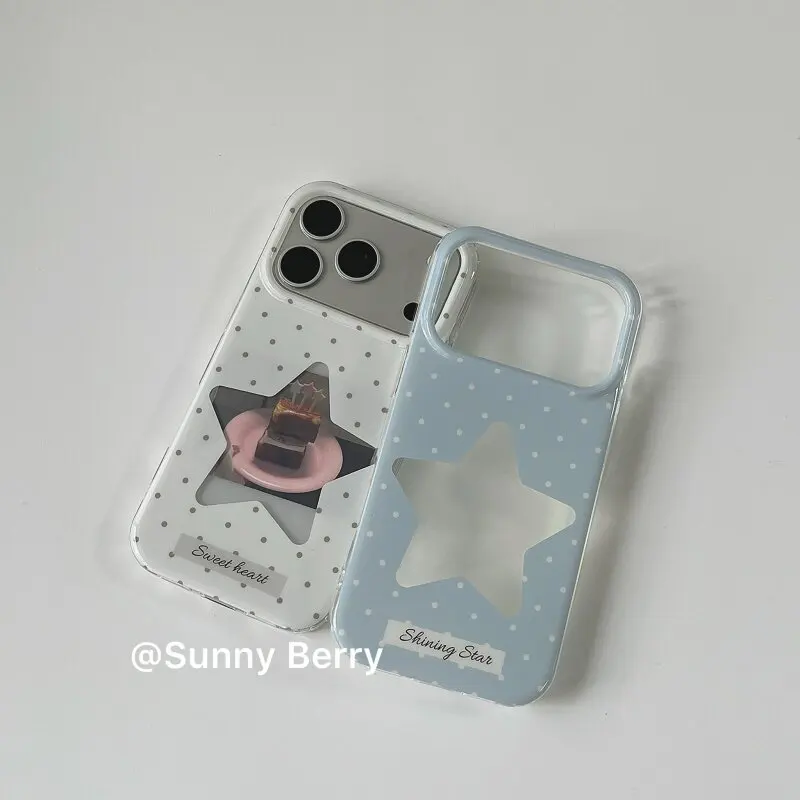 Korean Minimalist Blue & White Polka Dot Star Phone Case Cover