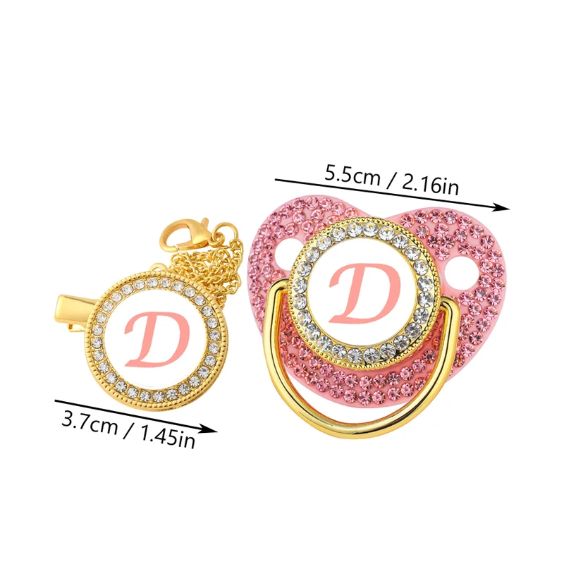 New Newborn Pacifiers for Babies Pink Rhinestones Personalized Pacifier Clip Lid Set 26 Name Initials Infant Nipple Teether Gift 3
