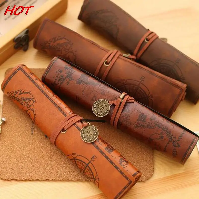 

1PC Vintage Retro Treasure Map Canvas Leather Pencil Cases Large Cpacity Makeup Brush Pouch Stationery Storage Bags Supplies