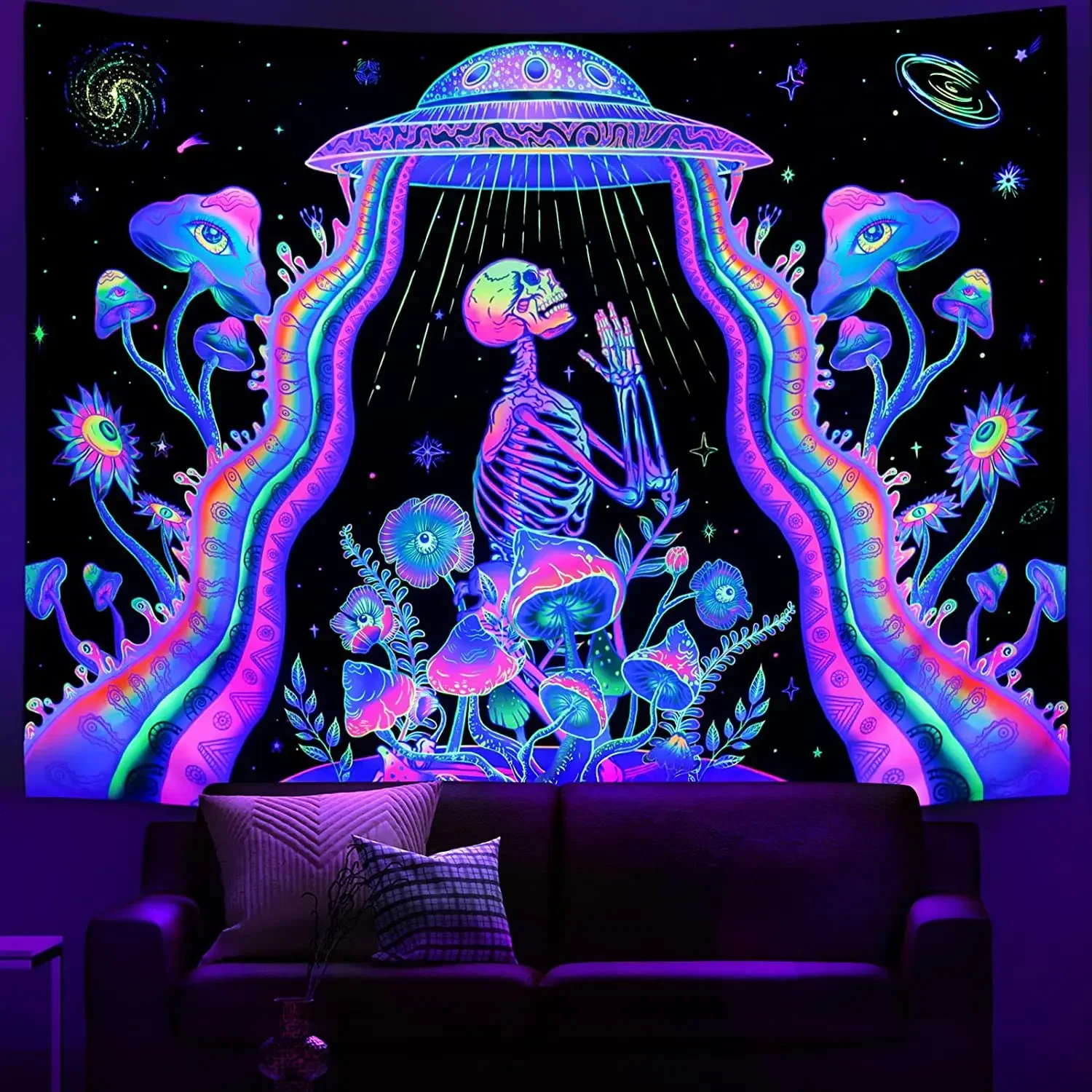Fluorescent Tapestry Psychedelic Ultraviolet Wall Decoration Skull Mushroom Witchcraft Beautiful