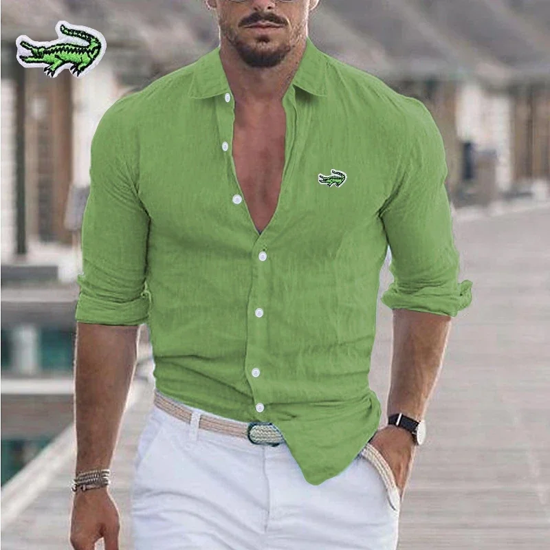 Embroidery Brand Men's Elegant Cotton Linen Long Sleeved Shirt, Spring and Summer Fashionable Casual Breathable Soft Polo Shirt