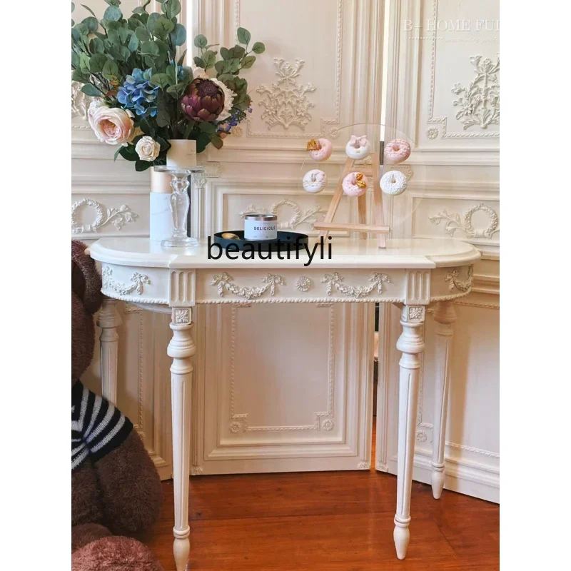 

French Solid Wood Console American Semicircle Distressed Entrance Cabinet Console Tables Partition Bed & Breakfast Side Table