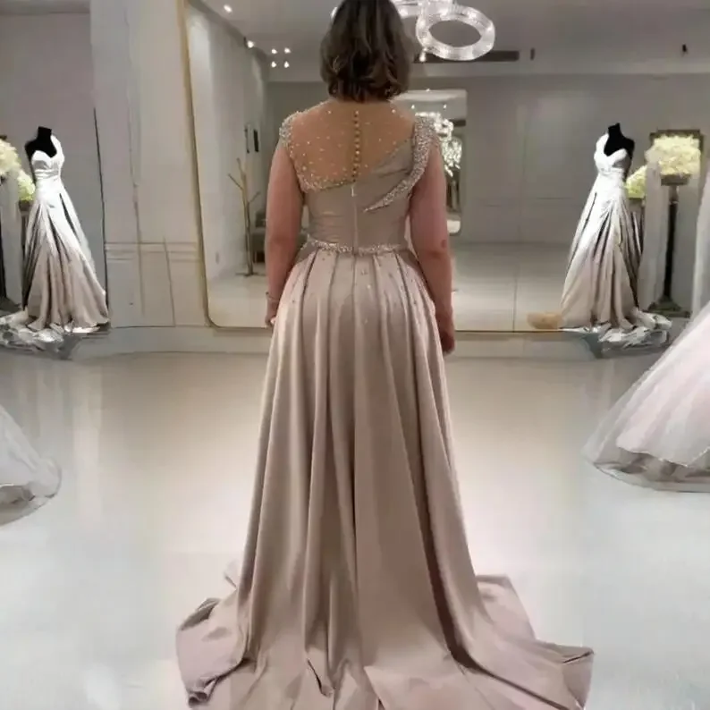 Crystal Sequins Mother of the Bride Dresses Long Sleeves Champagne Plus Size Prom Gowns African Wear Gown Lady's Dress