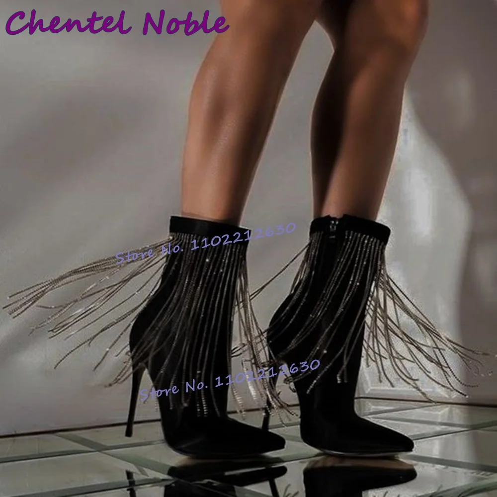 

Bling Fringe Ankle Boots Pointy Toe Thin High Heels Leather Short Boots Fashion Sexy Women Shoes Winter Catwalk Dress Party Shoe