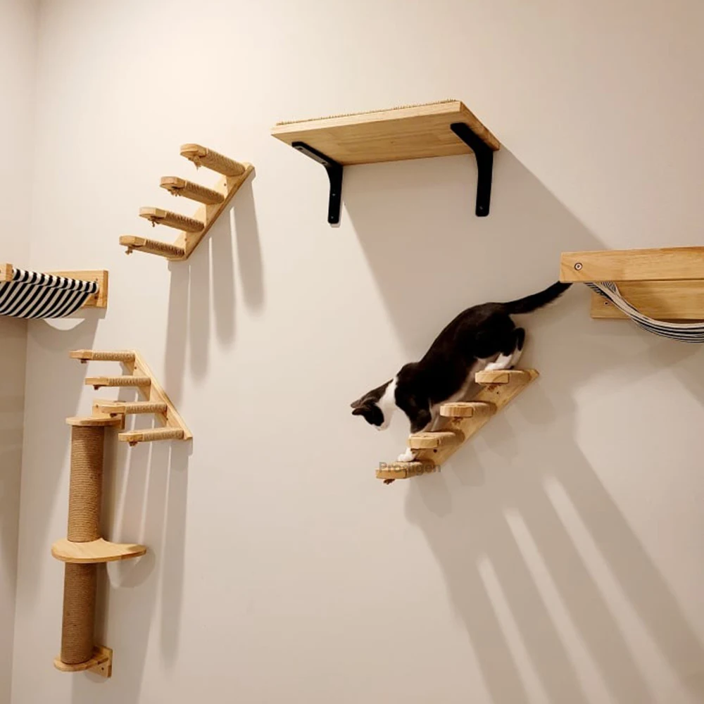 Wandmontierte Katzen-Kletterregale, Katzenhaus, Katzenbaum, Hängematte mit Kratzbaum und Trittleiter oder Treppe für Kätzchen-Zubehör