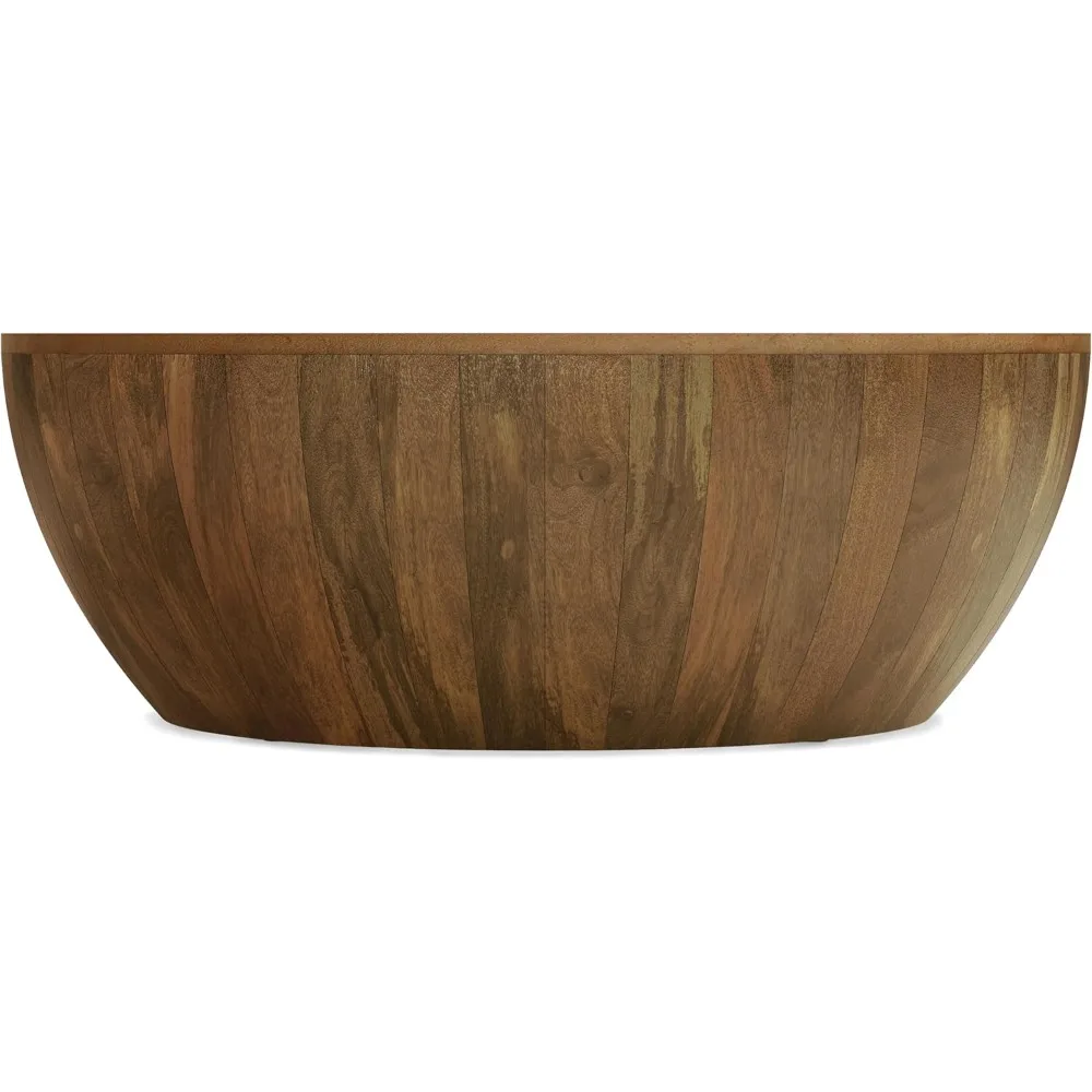 Solid Mango Wood Modern Industrial 34 Inch Wide Drum Coffee Table in Natural, Fully Assembled 3