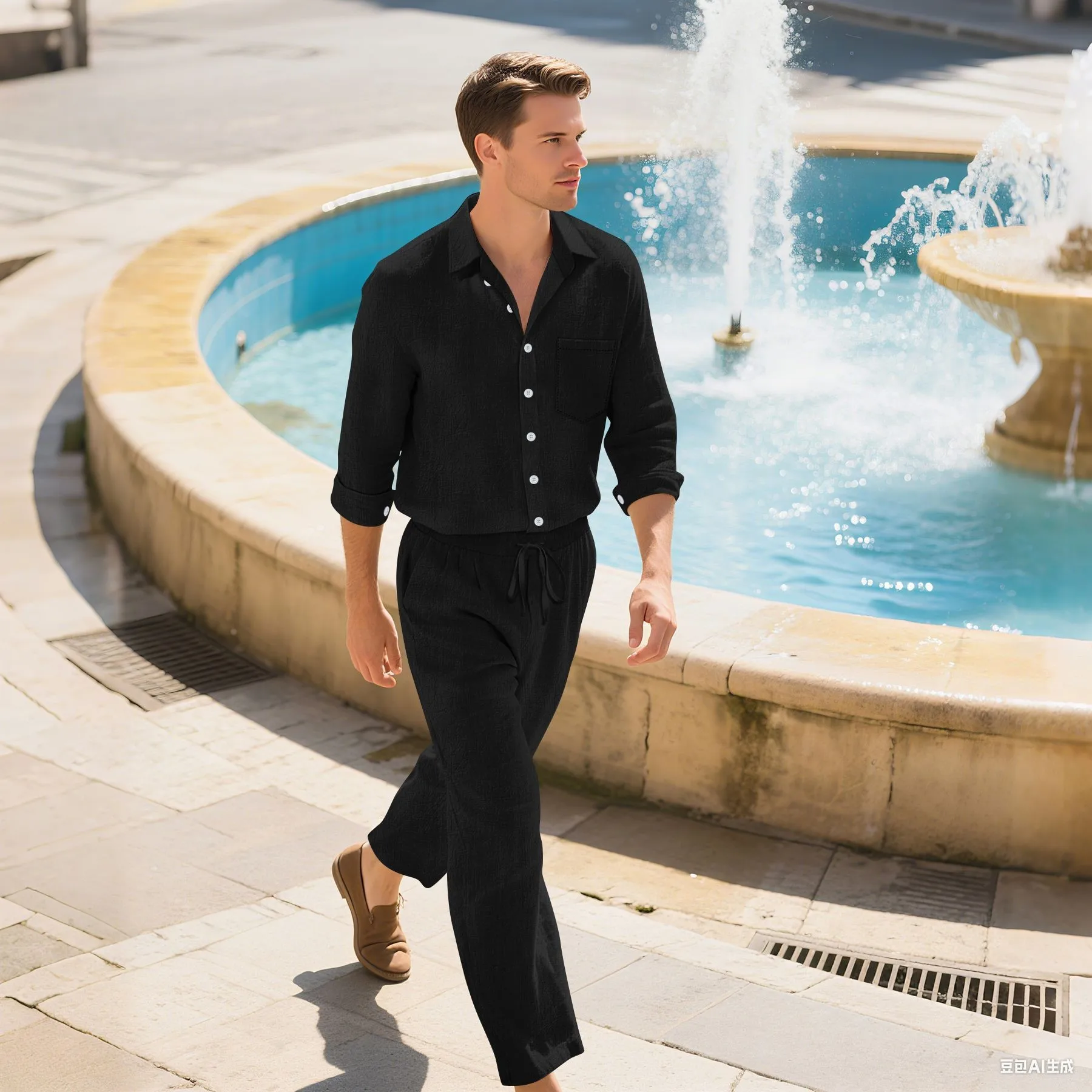 Camicia di lino da uomo nuova autunno 2025 a maniche lunghe, capispalla casual, elegante abbinata al completo di pantaloni lunghi 4