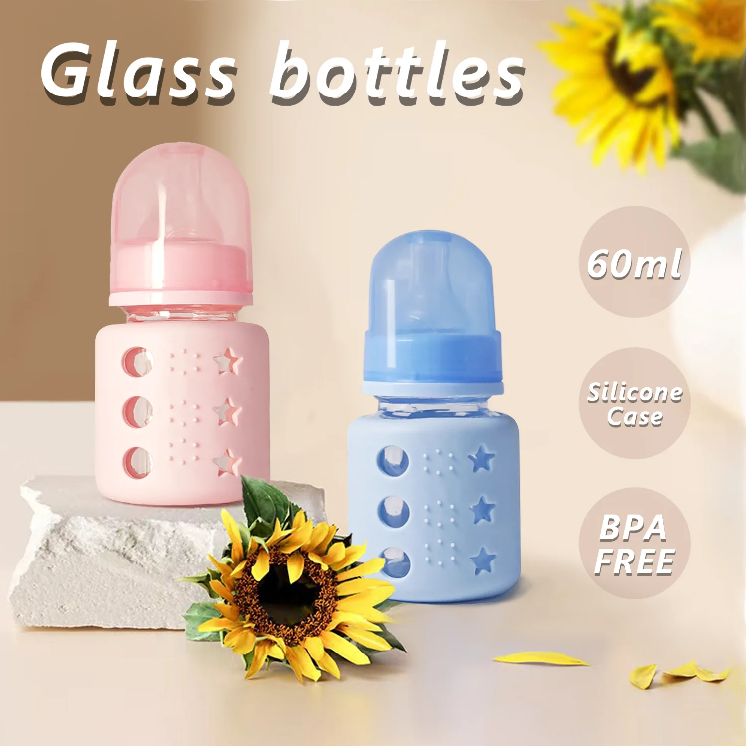 60ML baby glass bottle with star silicone protective cover, cartoon anti-fall, leak-proof, anti-scalding, BPA-free, gift