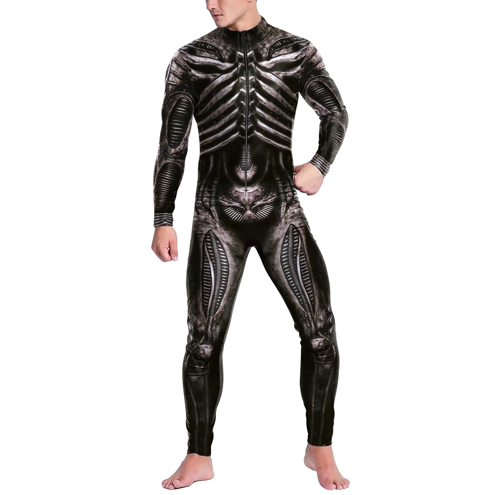 Men Skeleton Costume Front Zipper Carnival Purim Zentai Suit Zombie Jumpsuit Bodysuit Festival Party Clothes