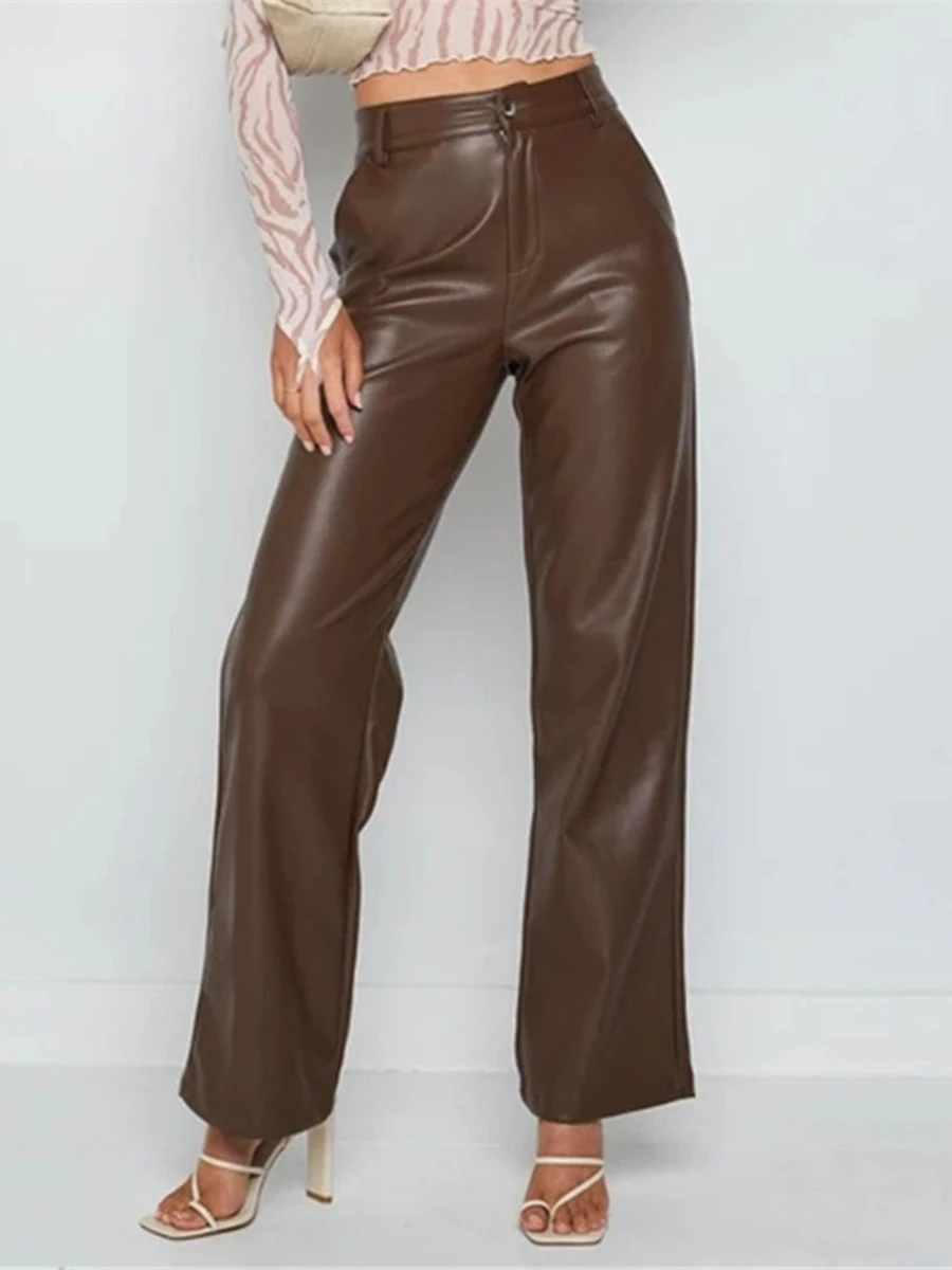 Solid Color Slim Fit PU Pants 2023 Summer New Casual Women's High Waist Straight Leg Leather Pant