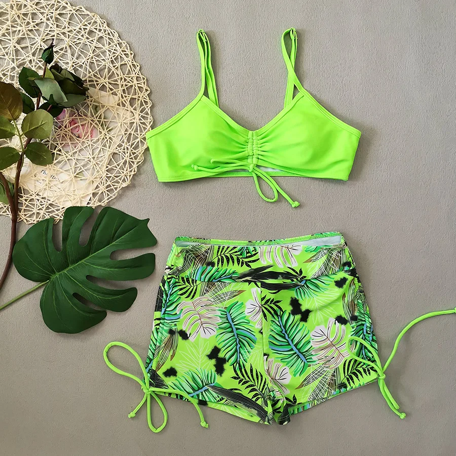 Sexy fluorescente verde hojas estampado chaleco bikinis pantalones