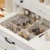 Makeup Vanity Desk with Mirror and Lights & Stool, Glass Top Vanity Table Set with Charging Station, 4 Stoarge Drawers & Double 4