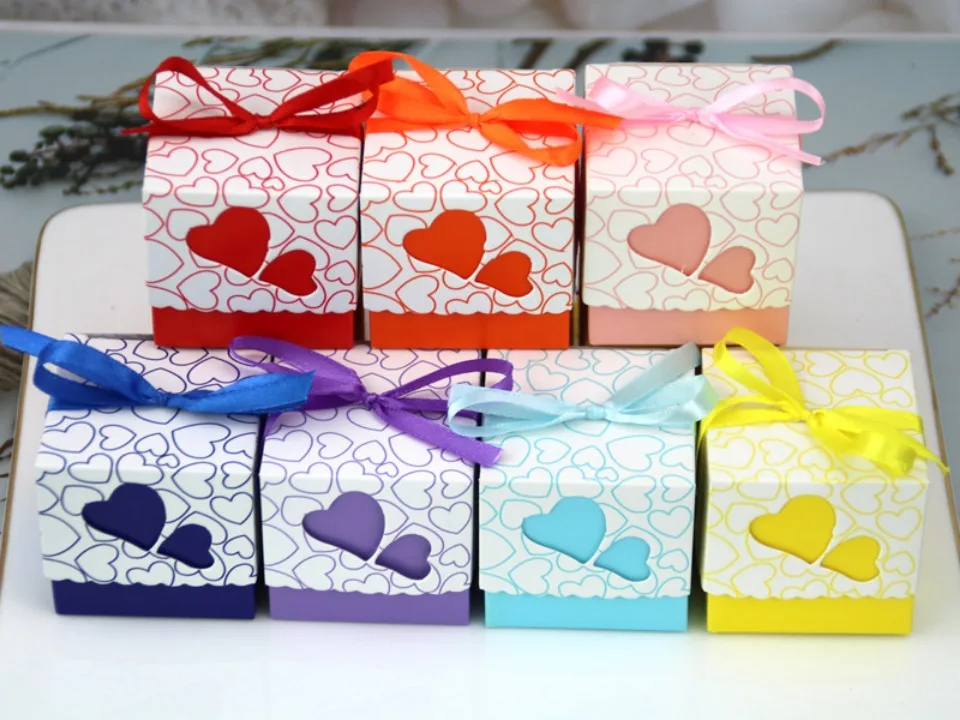 50Pcs Double Love Heart Candy Gift Boxes with Ribbon Wedding Favor Boxes Party Packagin... - SKU HCGB1016 - UGI Packaging