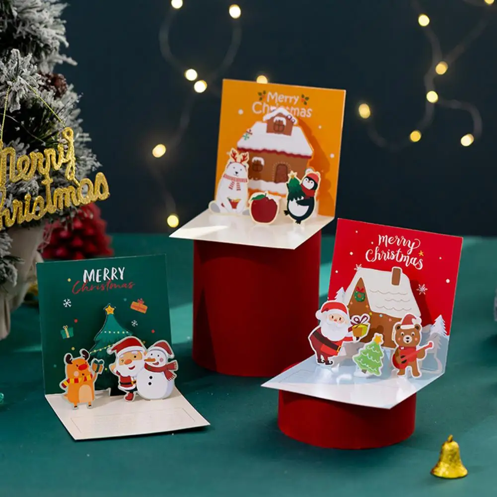 1 Set Christmas Cards 3D Cute Cartoon Santa Claus Snowman Elk Christmas Card Party Invitations Gifts New Year Greeting Card