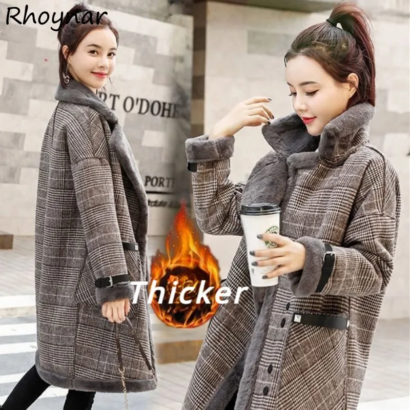 

Chic Plaid Long Blends Women Fashion Plus Velvet Young Popular All-match Thicker Warm Covered Button Female Coats Winter Ins New