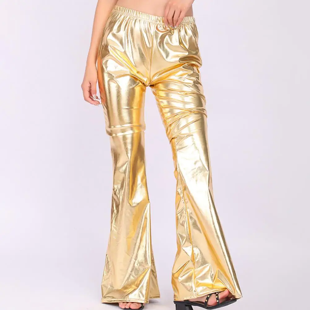 

Женские брюки с пуговицами, блестящие металлические однотонные женские брюки-клеш с эластичной талией для выступлений, винтажные брюки для дискотеки