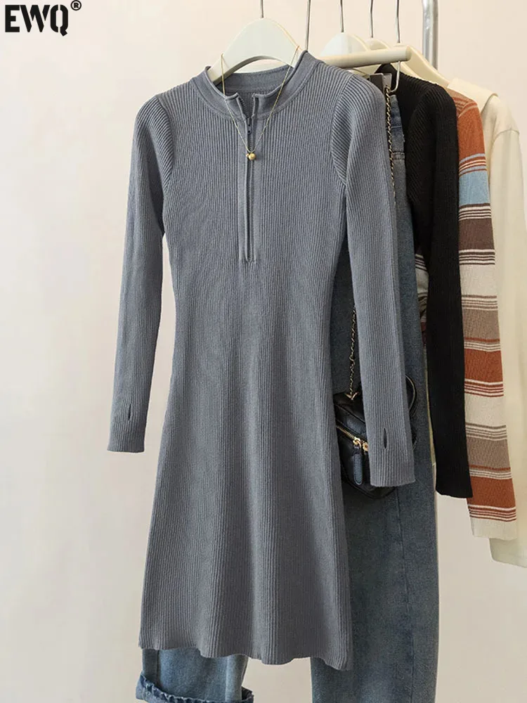 

UCXQ Temperament Grey Knitted Half Zipper Sweater Dress Black Wrap Hip Long Sleeve Dresses For Women 2024 Spring Winter 23A6751