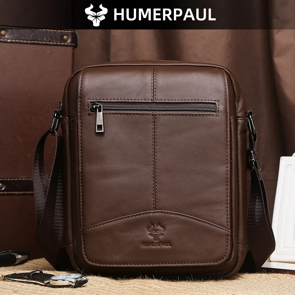 HUMERPAUL Genuine Leather Crossbody Bag for Men Vintage Small Shoulder Bag for Daily Use with Adjustable Strap Sling Pack