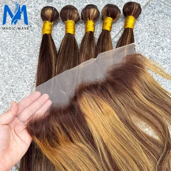 Fasci lisci per capelli umani al 100% con frontale in pizzo trasparente 13x4 8A tessitura brasiliana dei capelli 3/4 pacchi capelli umani Remy