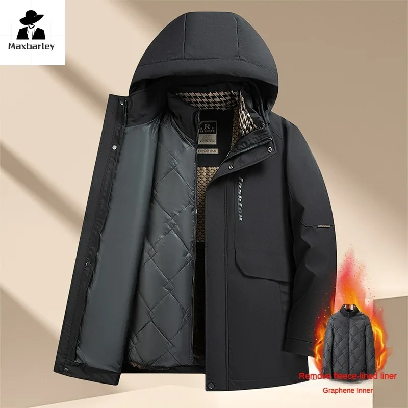 Men's Winter Jacket Fashion Thick Warm 3 in 1 Detachable Graphene Liner Down Cotton Coat Men Business Hooded Waterproof Parka
