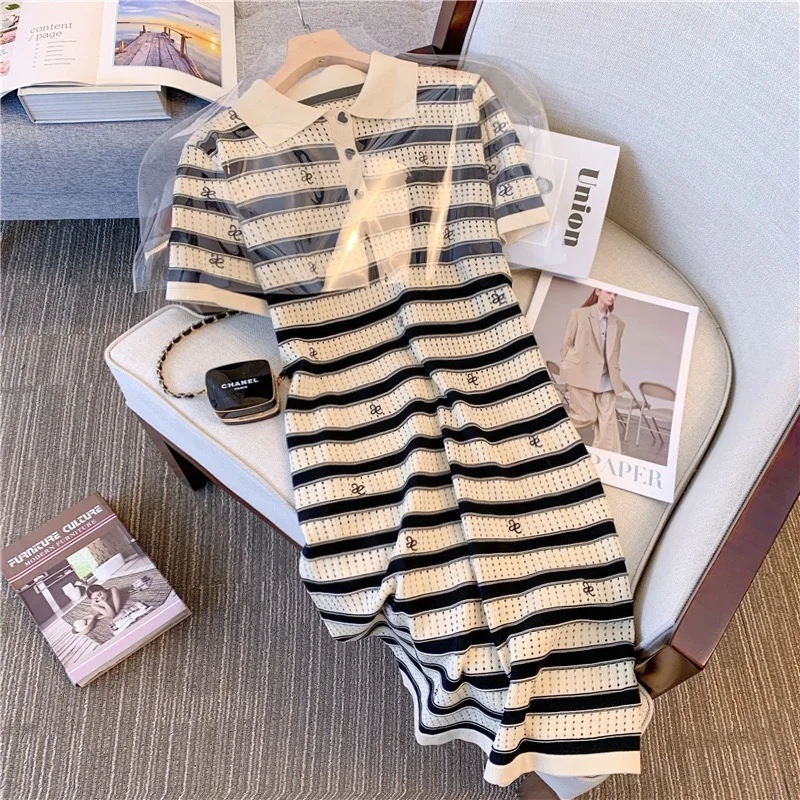 

Casual Loose Striped Women's Polo-Neck Dress 2023 Summer Korean Fashion Short Sleeve Hollow Out Knitted Knee Dresses for Female