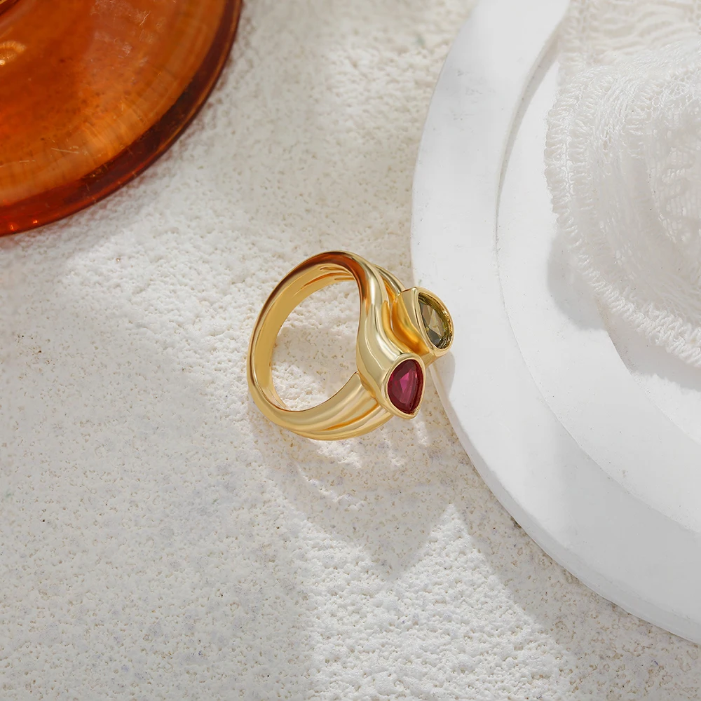 Delicate Mini Water Droplet Crystal Double Circle Rings for Women Green Zircon 18K Gold Plated Bride Wedding Ring Chic Jewellery