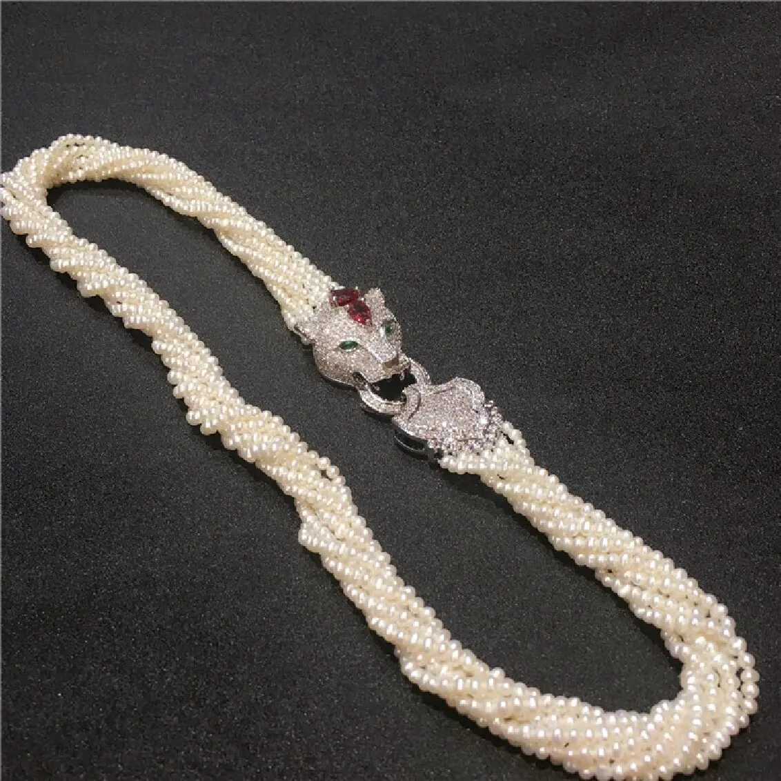 

7row Women's Leopard head clasp DIY accessory white freshwater pearl necklace bracelet set fashion jewelry