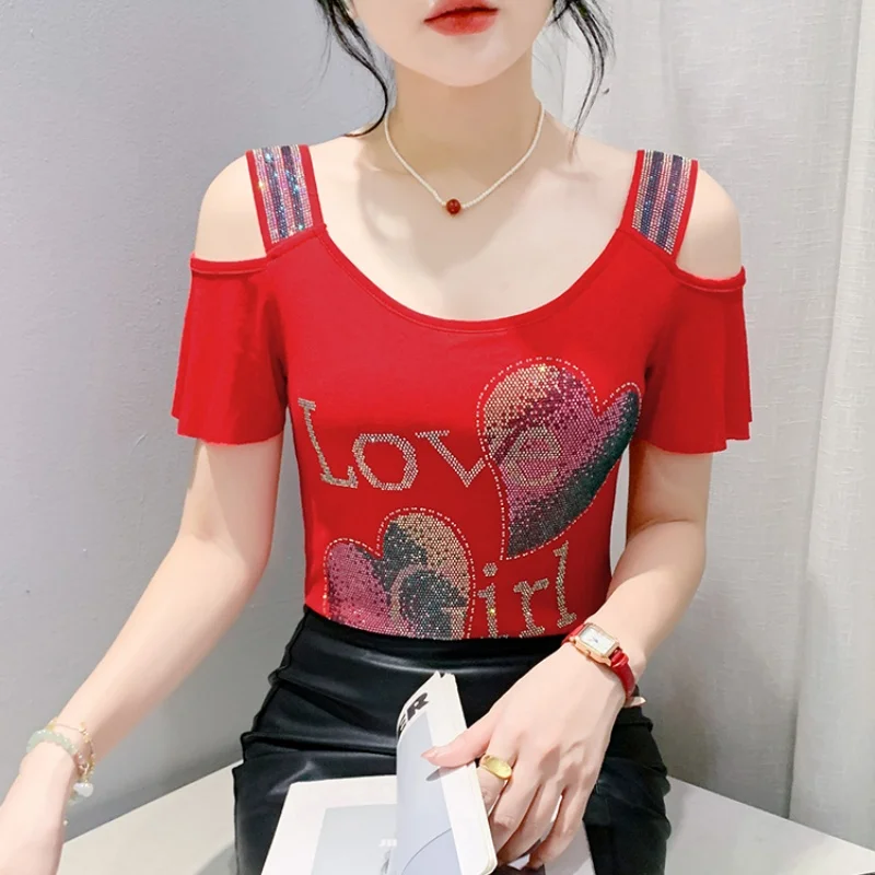 

High Quality Design Letter Shiny Diamonds Ladies T-Shirt Sexy Off Shoulder Dance Costume Luxury Women Mesh Tops Tees Shirts
