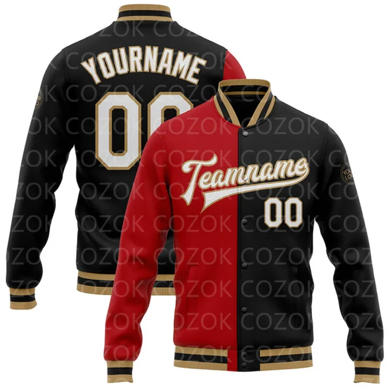 Custom Red splice 3D Printed Baseball Button Jacket Bomber Full-Snap Varsity Letterman Jacket