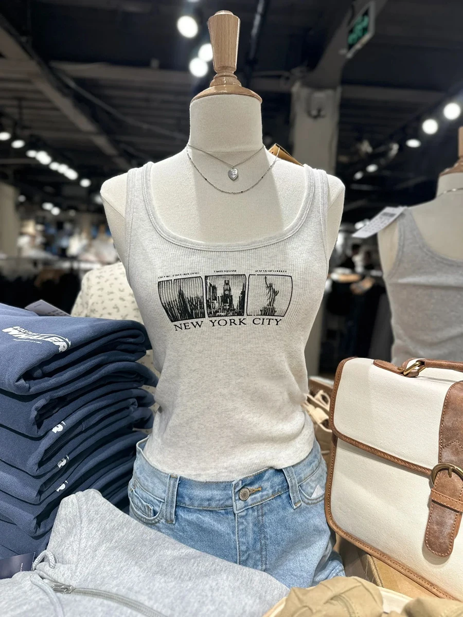 New York City Print Ribbed Tank Tops Women Summer U Neck Sleeveless ...
