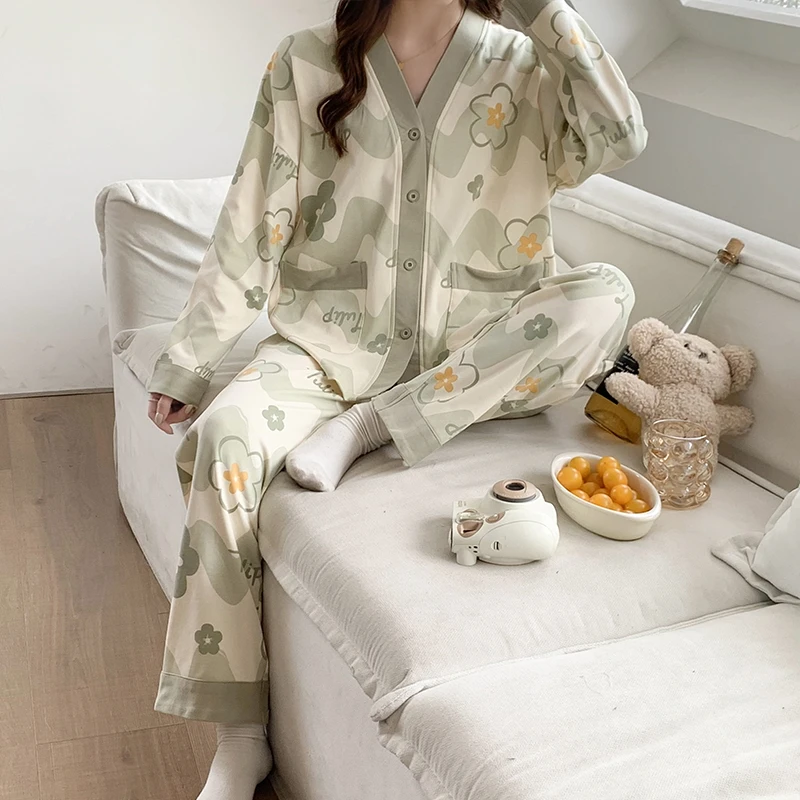 imitation cotton pajamas women's long sleeved pants cardigan student cartoon girl spring and autumn set home wear women pajamas set women pajama suit cotton pajamas set